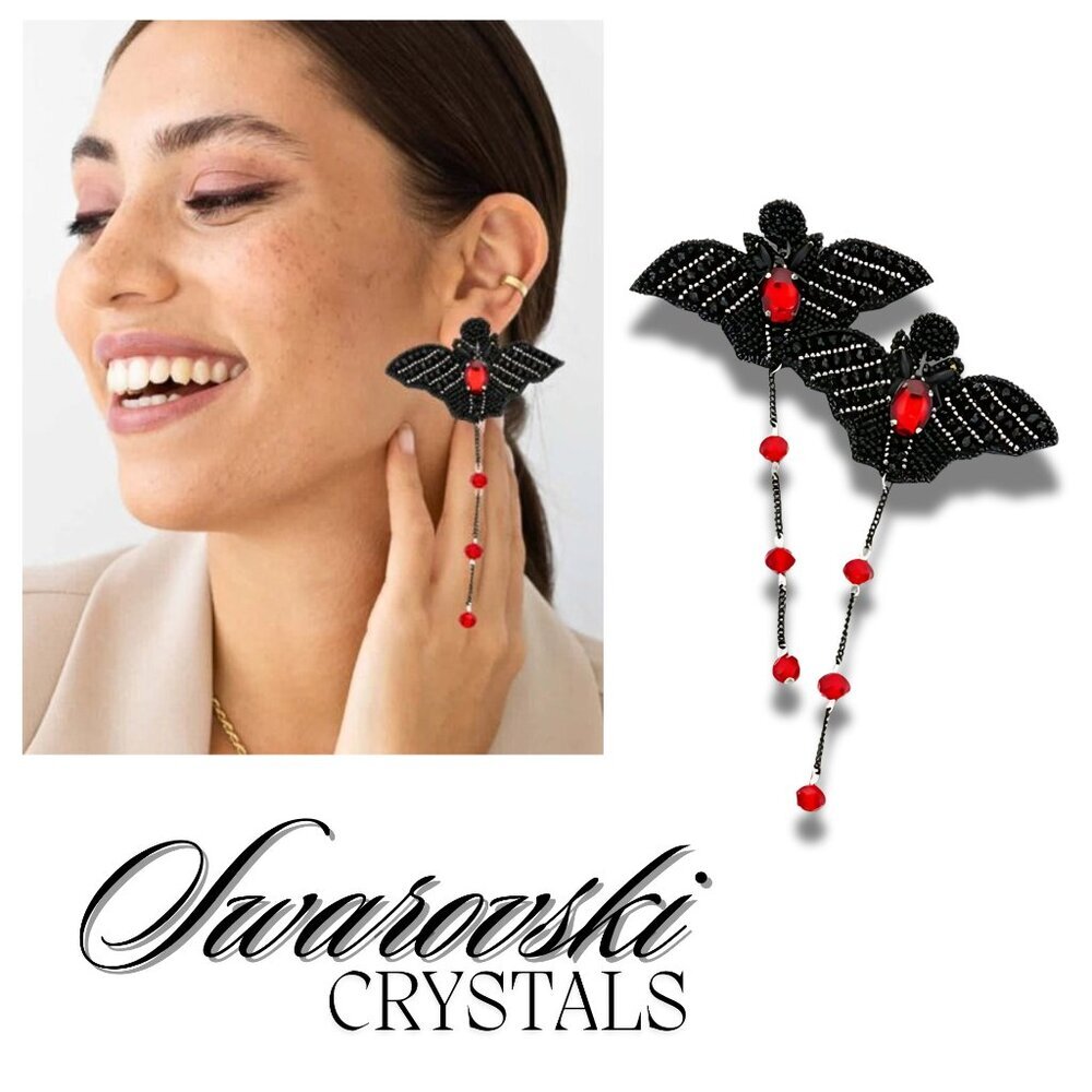 Halloween Goth Austrian Ruby Crystal Black Seed Beaded Winged Bat Drop Earrings